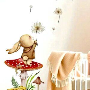 Kid's PVC Wall Decals Bunny Blowing Magical Dandelion Seeds on Toadstool NIP